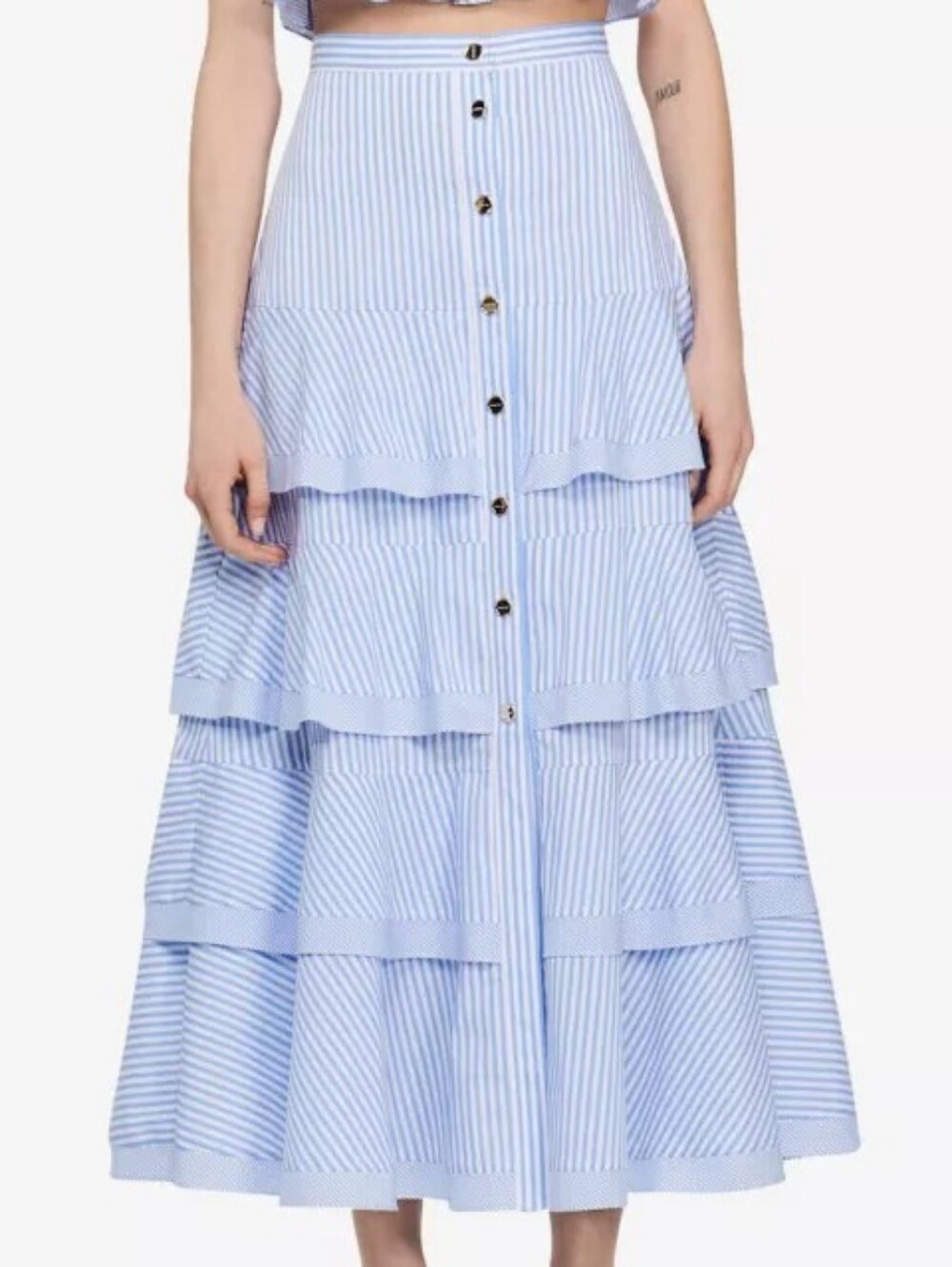 New Sandro Cavalie Ruffled Maxi Skirt Women's Striped Size EU 40 Medium Casual